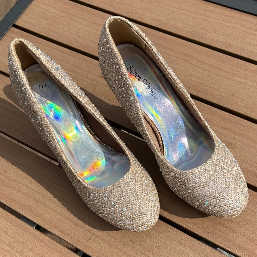 Women's Heels in Glittering Cream Rhinestones Silver Slipper Sparkling - Picture 3 of 13
